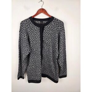 ML Kessler Alpaca Wool Geometric Diamond Knit Cardigan Sweater Black White Large